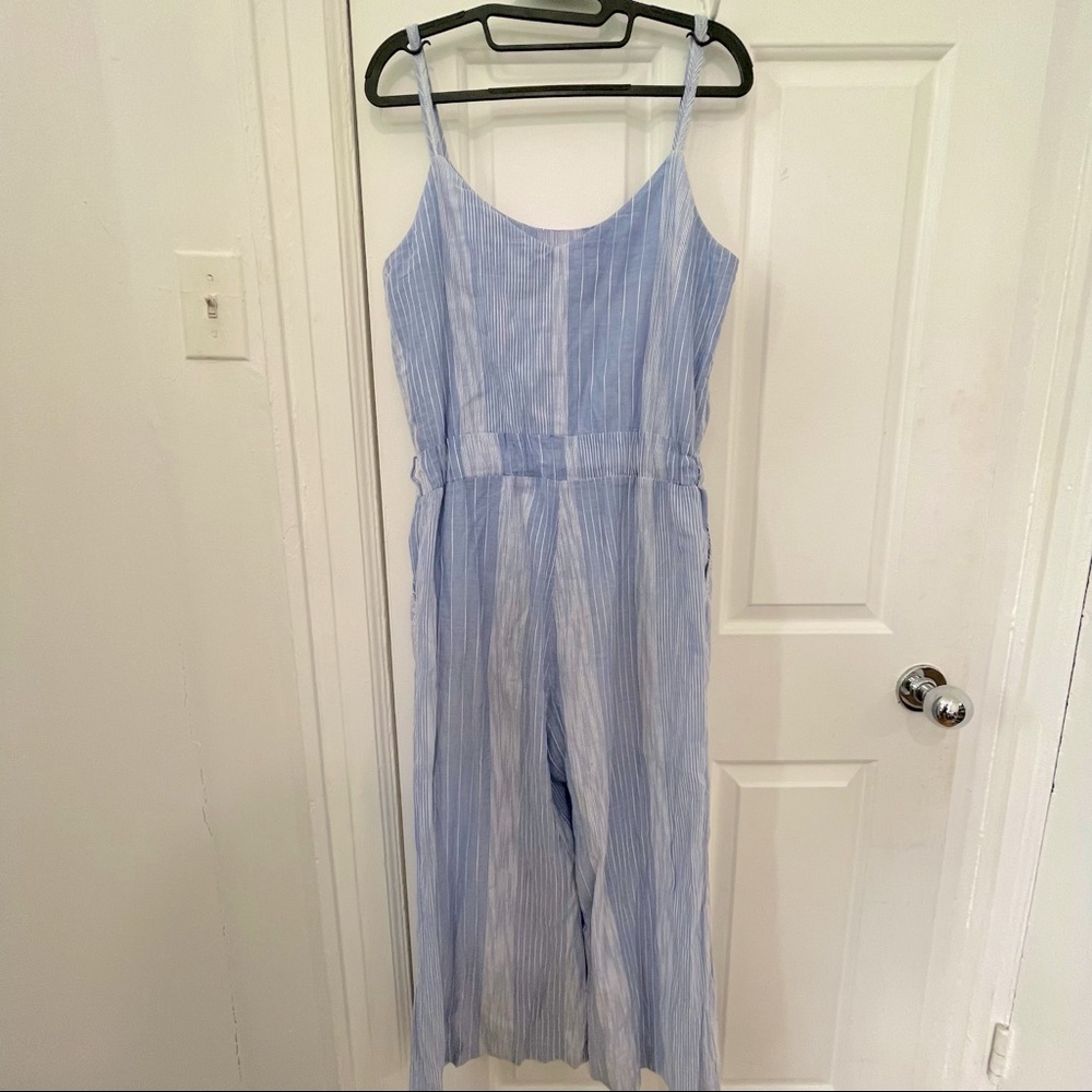 Sky Blue Striped Slim Strap Jumpsuit with pockets in Size M